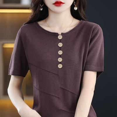 Women's Minimalist Versatile Slimming Elegant Top Cotton Knit Button Crew Neck Solid Color Short-Sleeve T-Shirt