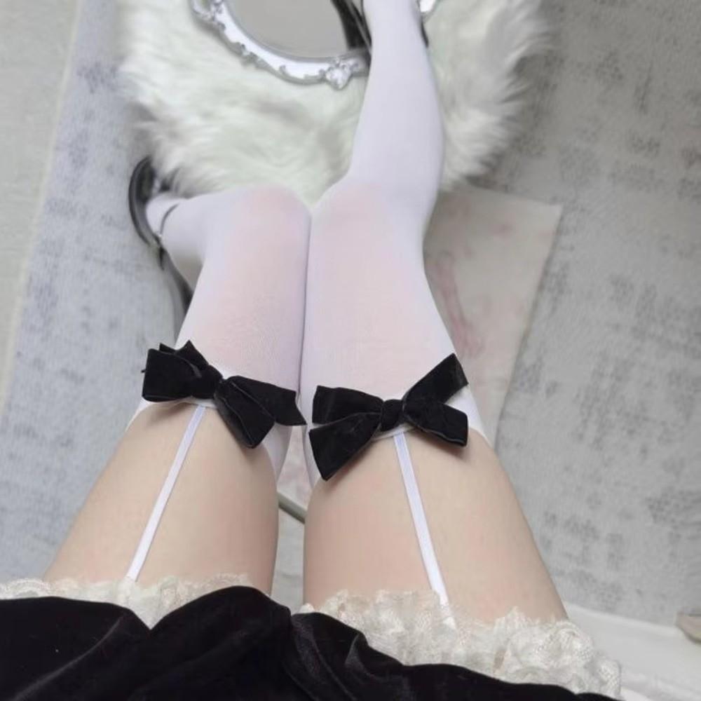 Sexy Lolita Style Bowknot Suspender Stockings Elastic Y2K JK Thigh High Stockings Breathable Comfortable Knee High Socks Women