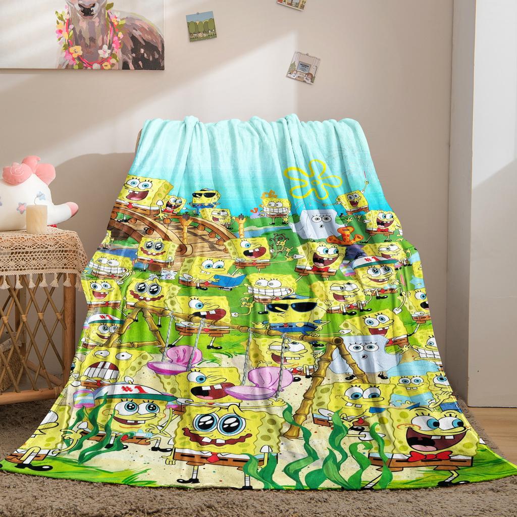 Multiple Cute SpongeBob Cartoon Print Pattern Flannel Blanket Soft Multifunctional Decortive Universal Throw Blanket Gift