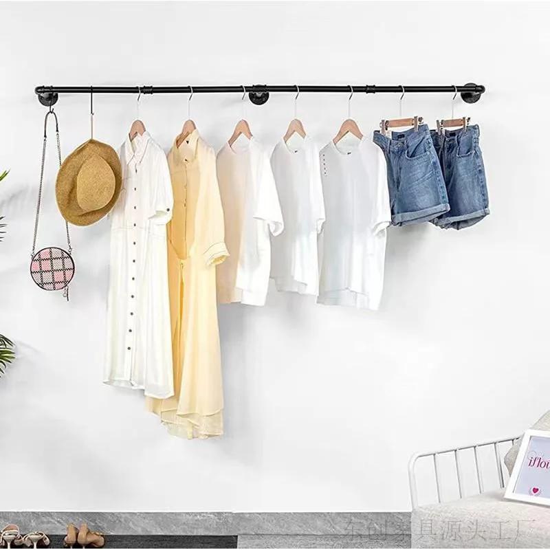 180cm Bedroom Garment Home Rail Multipurpose Wall Mounted Industrial Pipe Clothes Rack Space Saving Hanging Shelf with 3 Hooks
