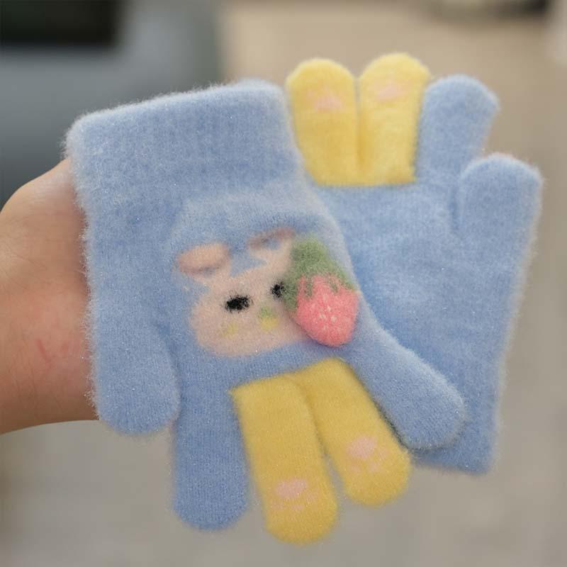 Children's Gloves Autumn and Winter Men's and Women's Plush Thickened Warm Finger Children's Color Cartoon Rabbit Outdoor Play