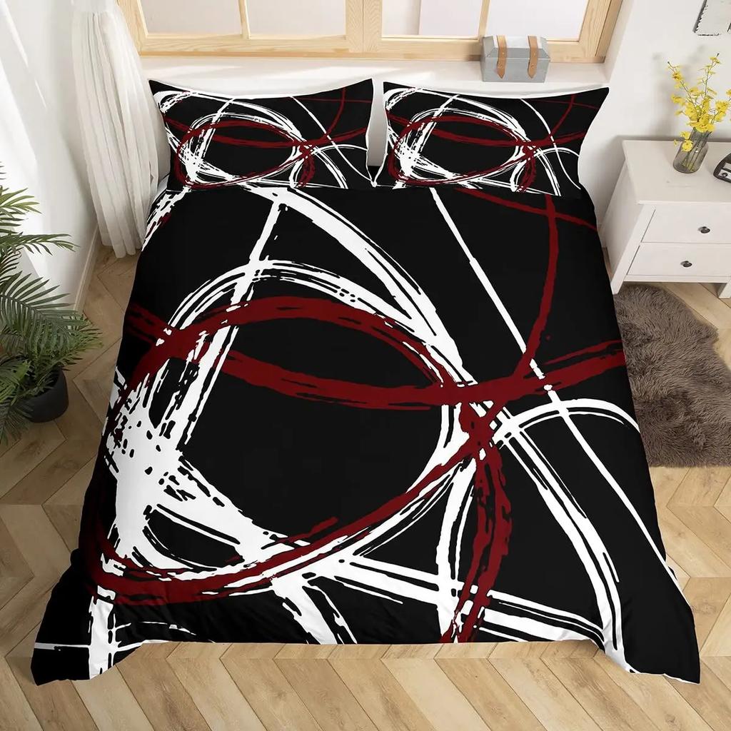 Geometric Squares Duvet Cover Set Red Beige Circle Bedding SetModern Simple Style Comforter CoverAbstract Art Quilt Cover King