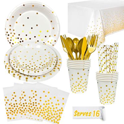 129pcs White and Gold Party Supplies, White Gold Party Tableware Set - White and Gold Paper Plates Napkins Cups Tablecloth Etc Gold Dot Party Supplies