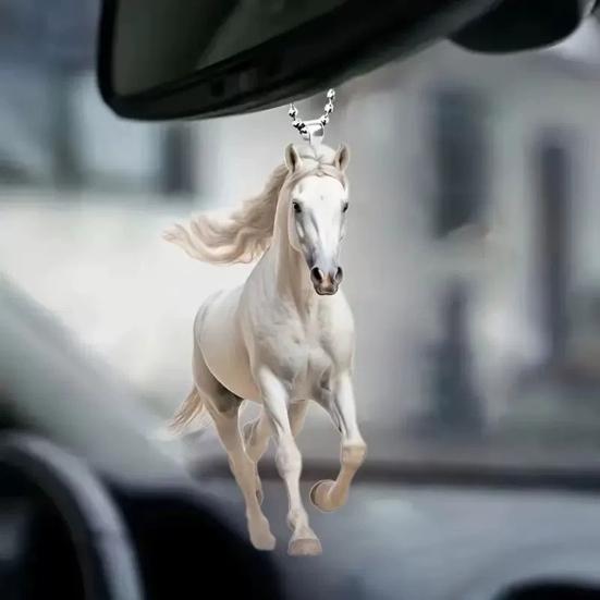 Yousheng White Horse Christmas Ornaments 2D Flat Acrylic Running Horse Car Rear View Mirror Charm Auto Hanging Pendant for Holiday Home Tree Decor