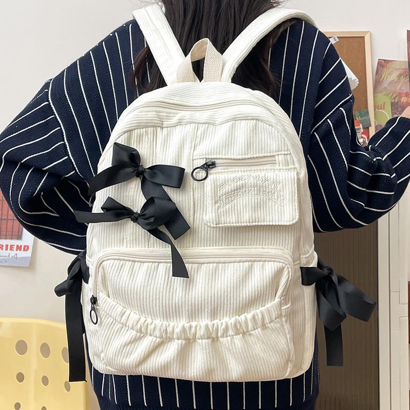 Girls' Corduroy School Backpack with Ribbon Bow - Perfect for High School and College