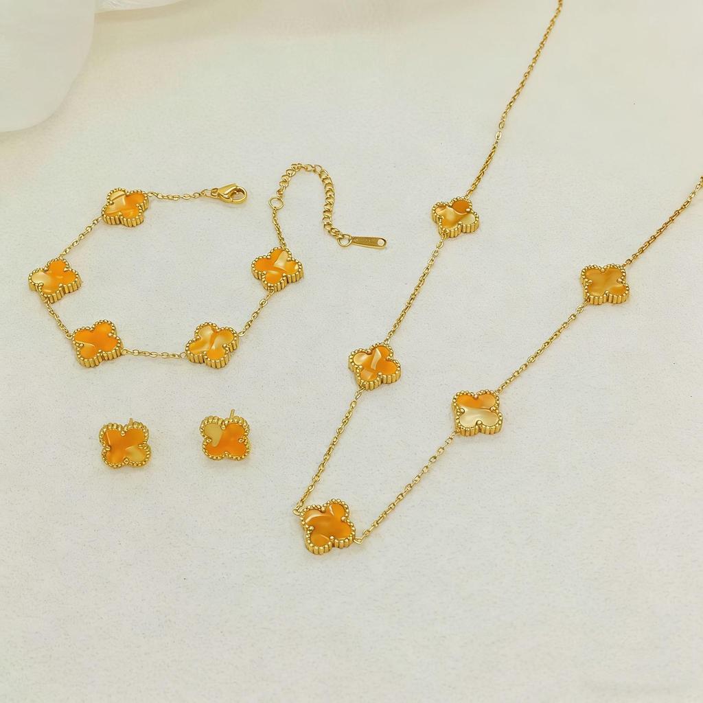 Set de Joyería de Acero de Titanio Madreperla Doble Cara Trébol de Cuatro Hojas con Pulsera, Collar y Pendientes