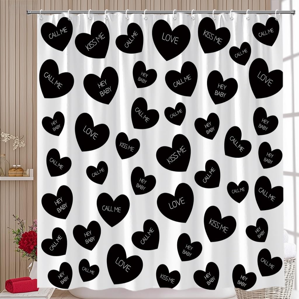 Valentines Shower Curtain Colorful Heart Love Sweet Romantic Couple Valentine's Theme Fabric Bathroom Curtain Set with Hooks