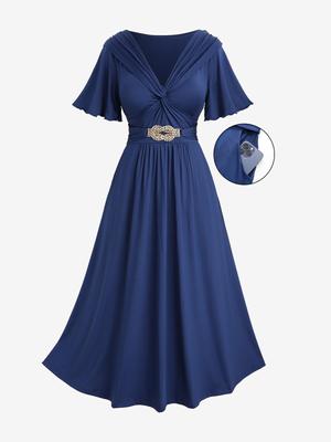 Rosegal Plus Size Crisscross Twist Panel Ruched Buckle Waist Ruffles Pocket Dress
