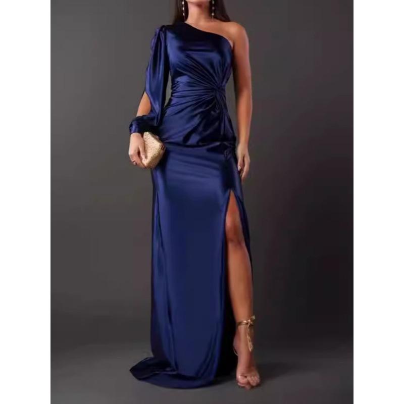 

Summer New Women s Clothing Diagonal Collar Shoulder Sleeve Pleated Waist Split Sexy Dress S темно-синий