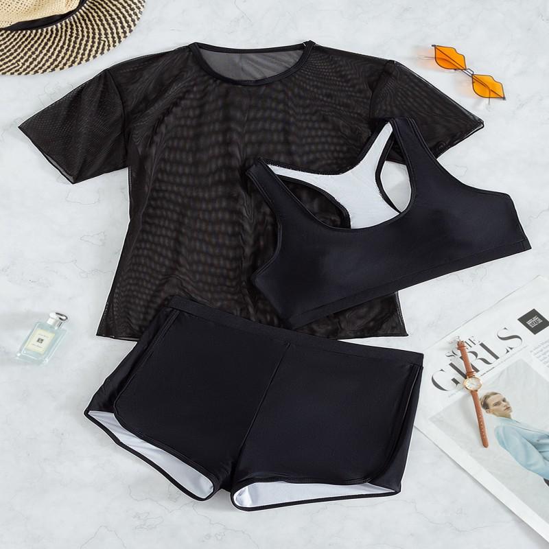 

Европейский и американский однотонный консервативный комплект бикини из трех частей Large чёрный