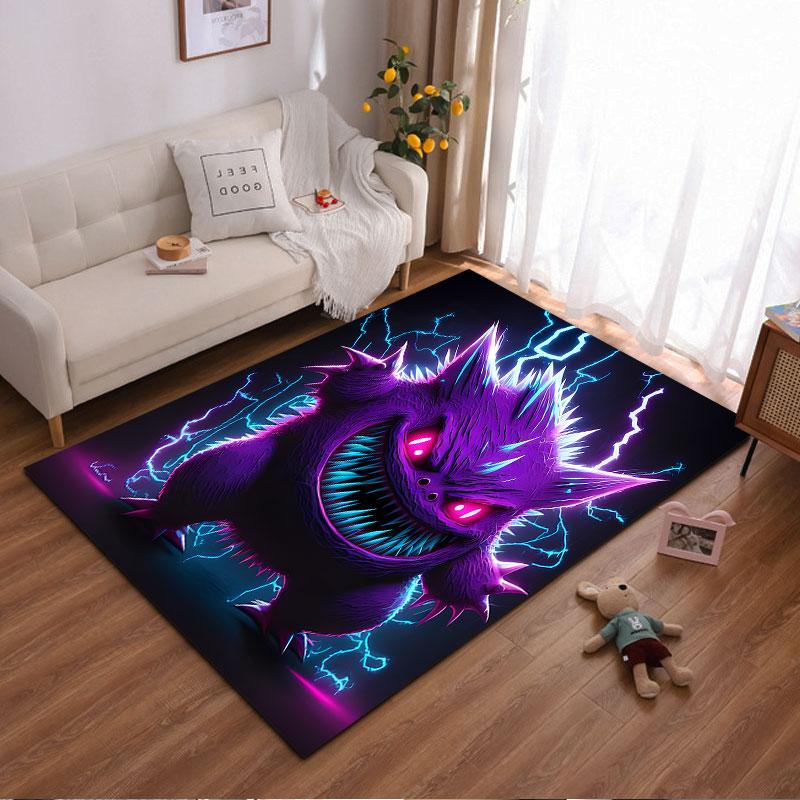 Gengar Spiky Fur Electric Monster with Blue Lightning Area Rug, Neon Purple Spooky Anime Style Design, Cozy Fan Carpet Decor and All Seasons Gift