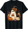Halloween Cute Ghost Cat Pumpkin Floral Bow T-Shirt