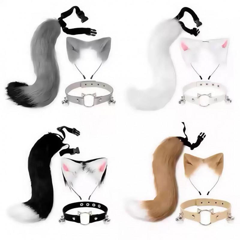 Cat Ear Headband With Tail Set Cosplay Costume Accessories Anime Kawaii Girl Party Outfit