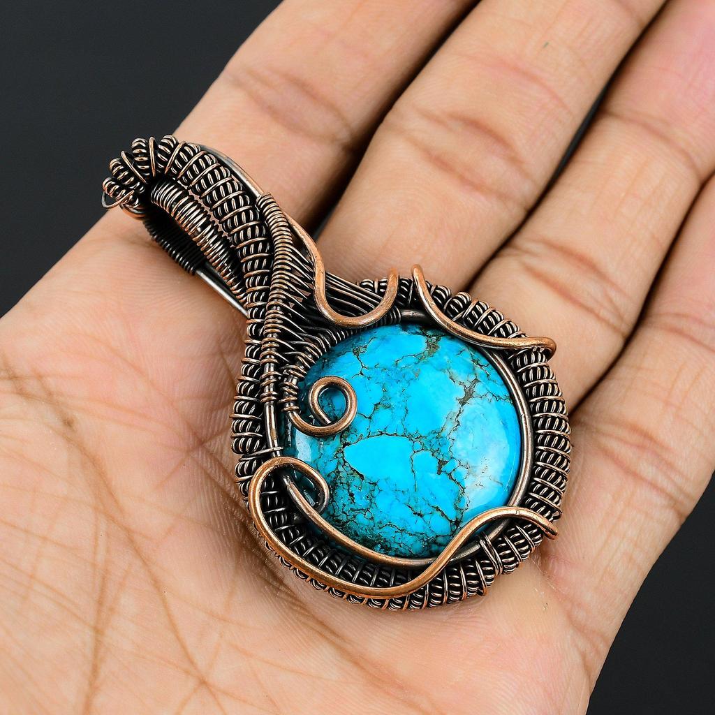 Tibetan Turquoise Pendant, 999 Copper Wire Wrapped Gemstone Jewelry, Handmade Pendant, For Thanksgiving