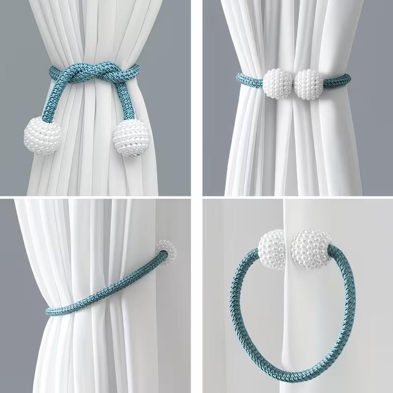 Magnetic Curtain Tiebacks Pearl Ball Elegant Woven Rope Curtain Holdbacks Magnet Drapery Tie Back Clips Curtain Holder for Living Room Bedroom Home
