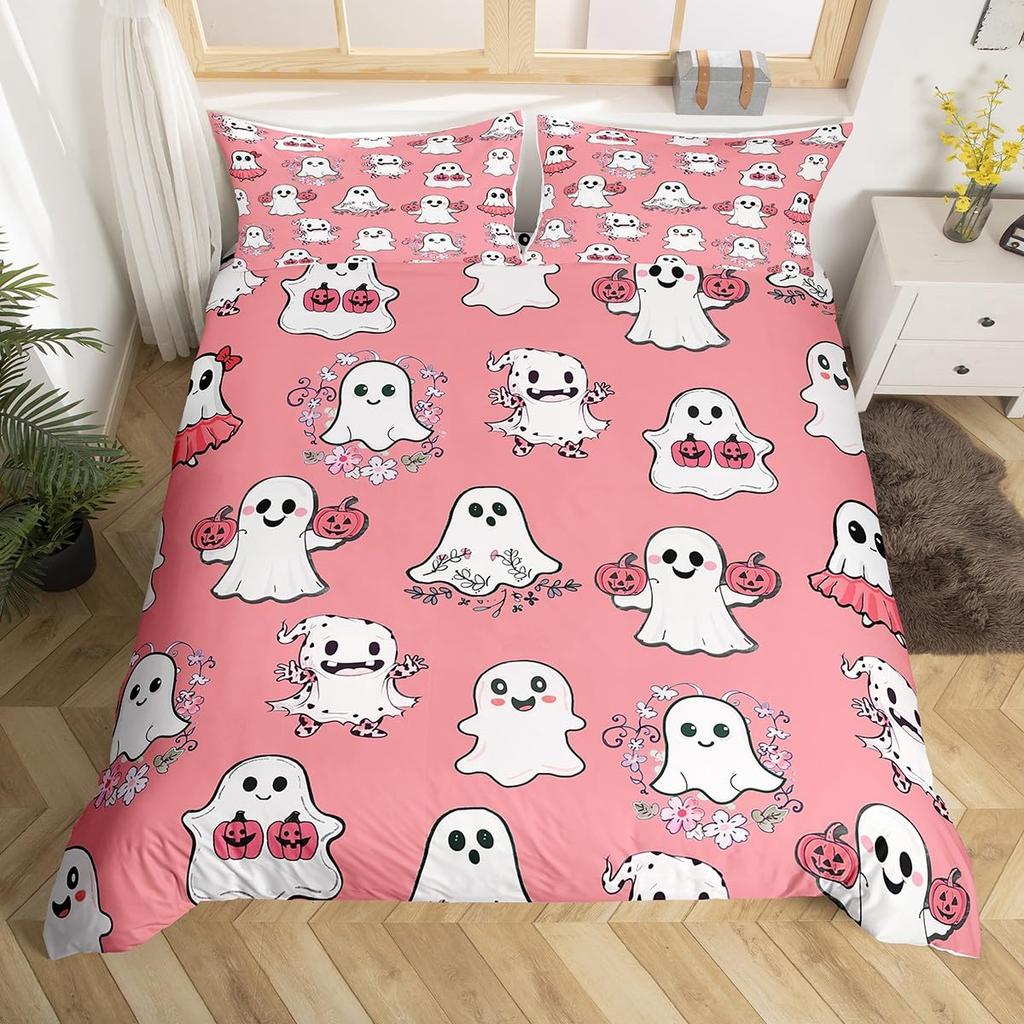 Cute Ghost Duvet Cover Halloween Theme Yellow Bedding Set Pumpkin Lantern Floral Ghosts Comforter Cover Polyester Quilt Cover