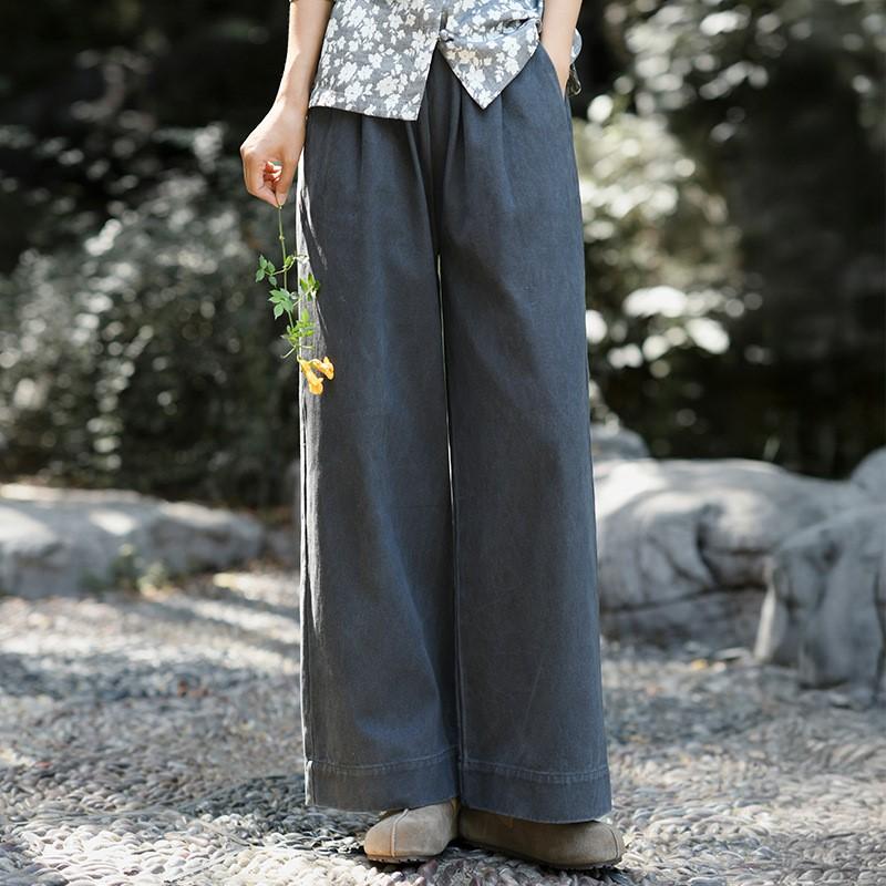 Johnature Women Vintage Straight Pants Solid Color Elastic Waist Trousers Autumn Pockets Soft Long Pants