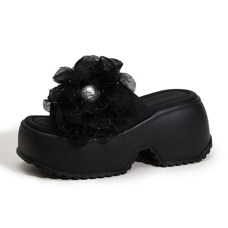 

Женские шлепанцы на высоком каблуке 8 см, летние уличные сандалии с бантом-бабочкой и цветком, удобная резиновая подошва, массивные пляжные шлепанцы 39 чёрный