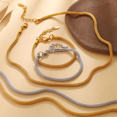 Ins Minimalist Snake Chain Bracelet & Necklace Set, 18K Gold Plated Stainless Steel Layered Clavicle Chain