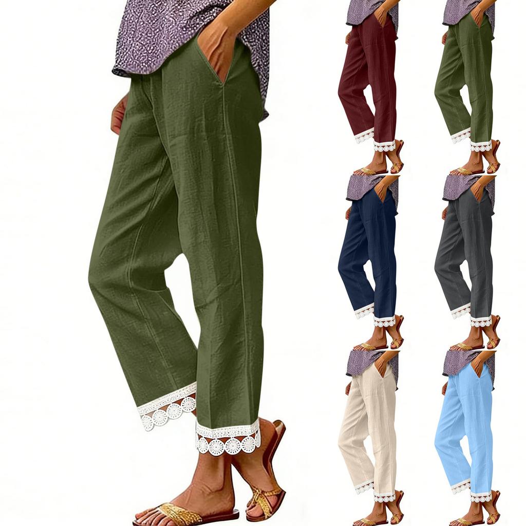 Women's Fashion Color Elastic Waist Pocket Lace Splicing Casual Straight Pants
