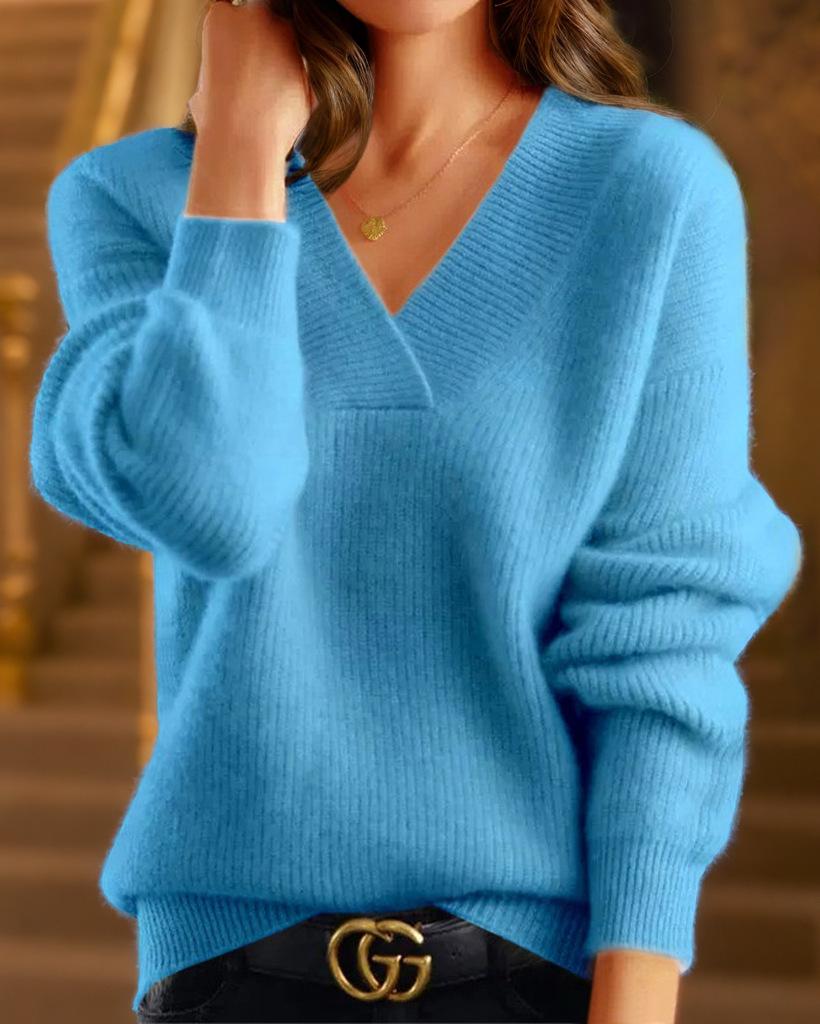 2024 Autumn/Winter Women's V-Neck Solid Color Knit Top: Multicolor Pullover Sweater