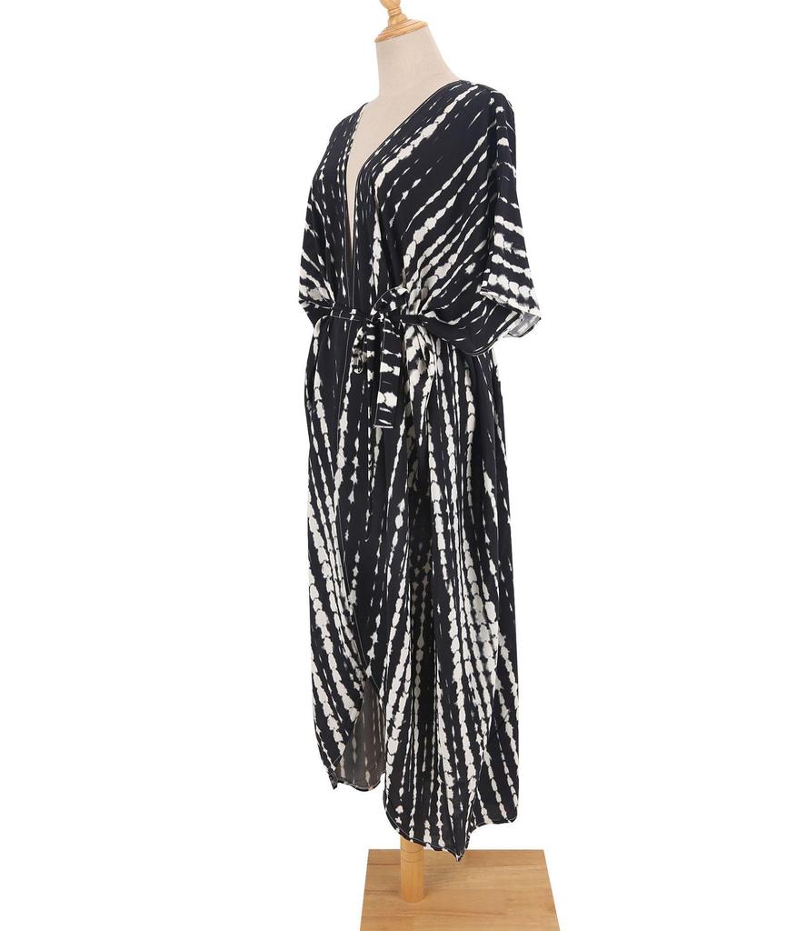 Black & White Tie-Dye Cardigan Beach Dress & Swimsuit Cover-Up