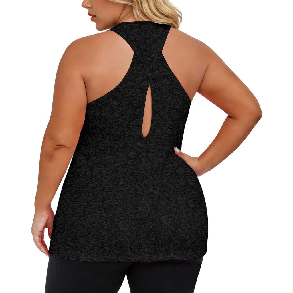 Plus Size Women's Fashion Casual Tank Top Irregular Cross Back Sleeveless Athletic Yoga Shirt Lightweight Stretchy Fabric Activewear