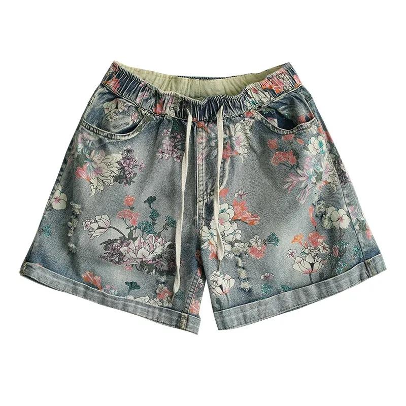Ladies Denim Shorts Ethnic Print High Waist Women's Loose All-match Elastic Waist Streetwear Summer