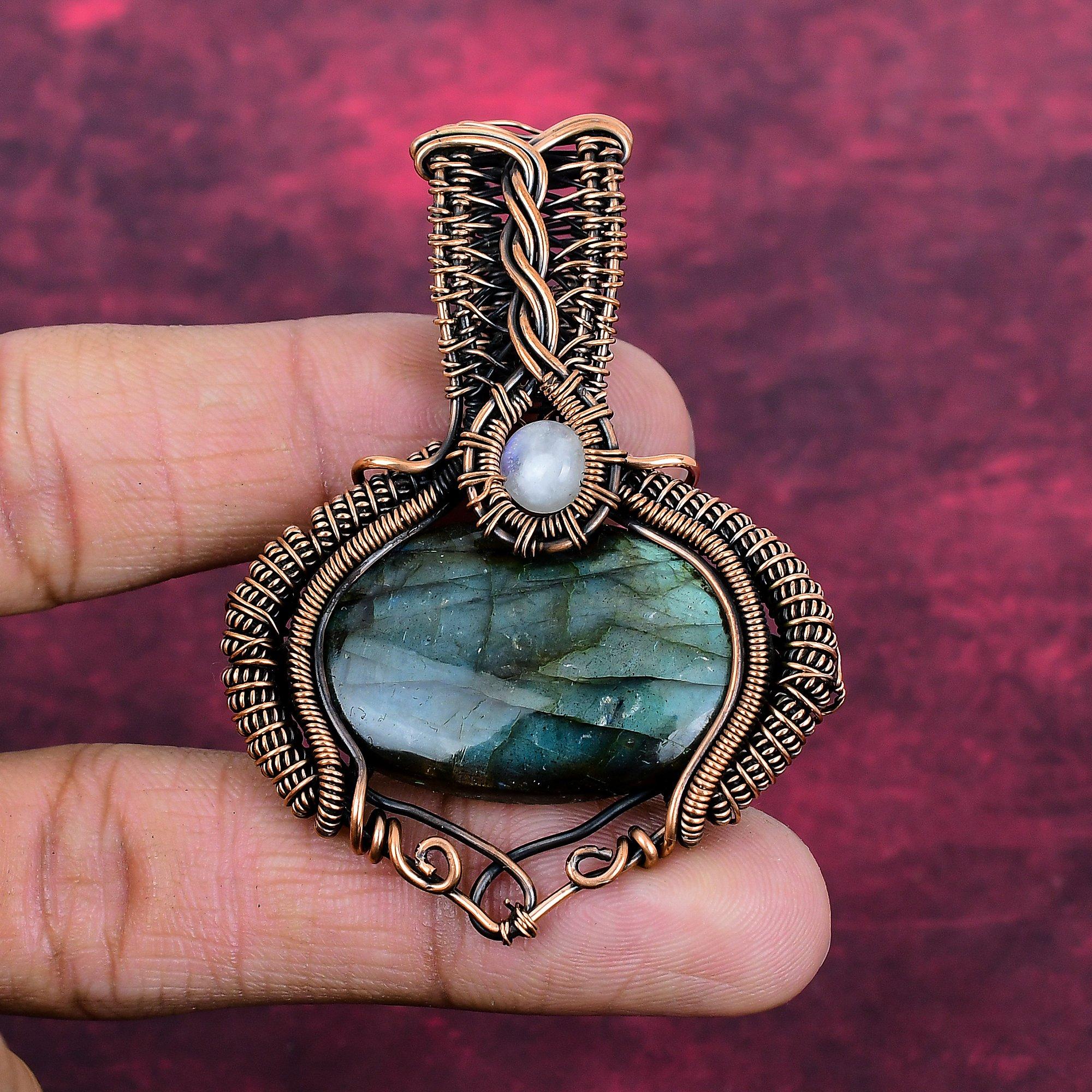 Labradorite Gemstone Pendant Copper Wire Wrap Jewelry Rainbow Moonstone Pendant