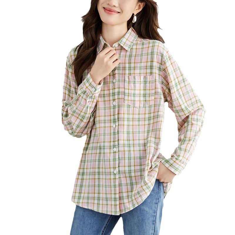 

Клетчатая рубашка женская с длинными рукавами весенняя новая блузка для работы универсальная для многослойной носки ретро рубашка 2XL
