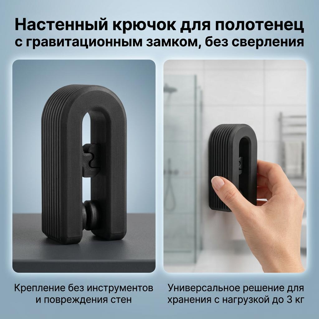 3D Printed Gravity Lock Towel Hook Wall Mounted No Drilling Multipurpose Storage Solution