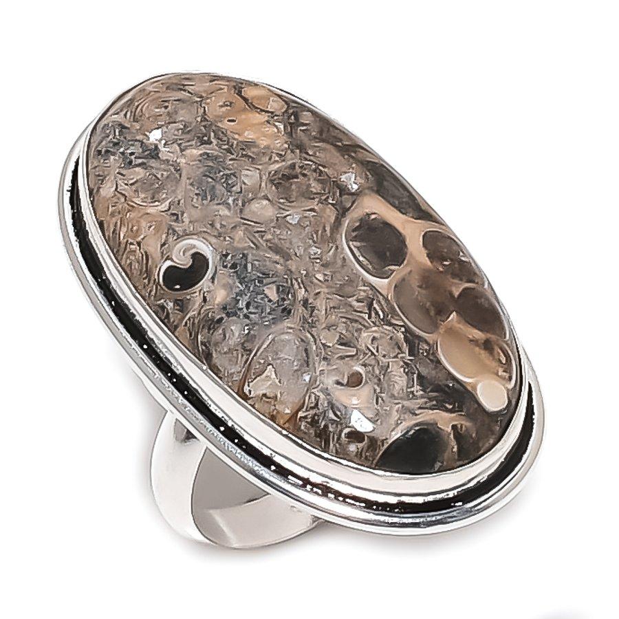 Turritella Fossil Gemstone Handmade 925 Sterling Silver Ring Size 7.5 Z3w38