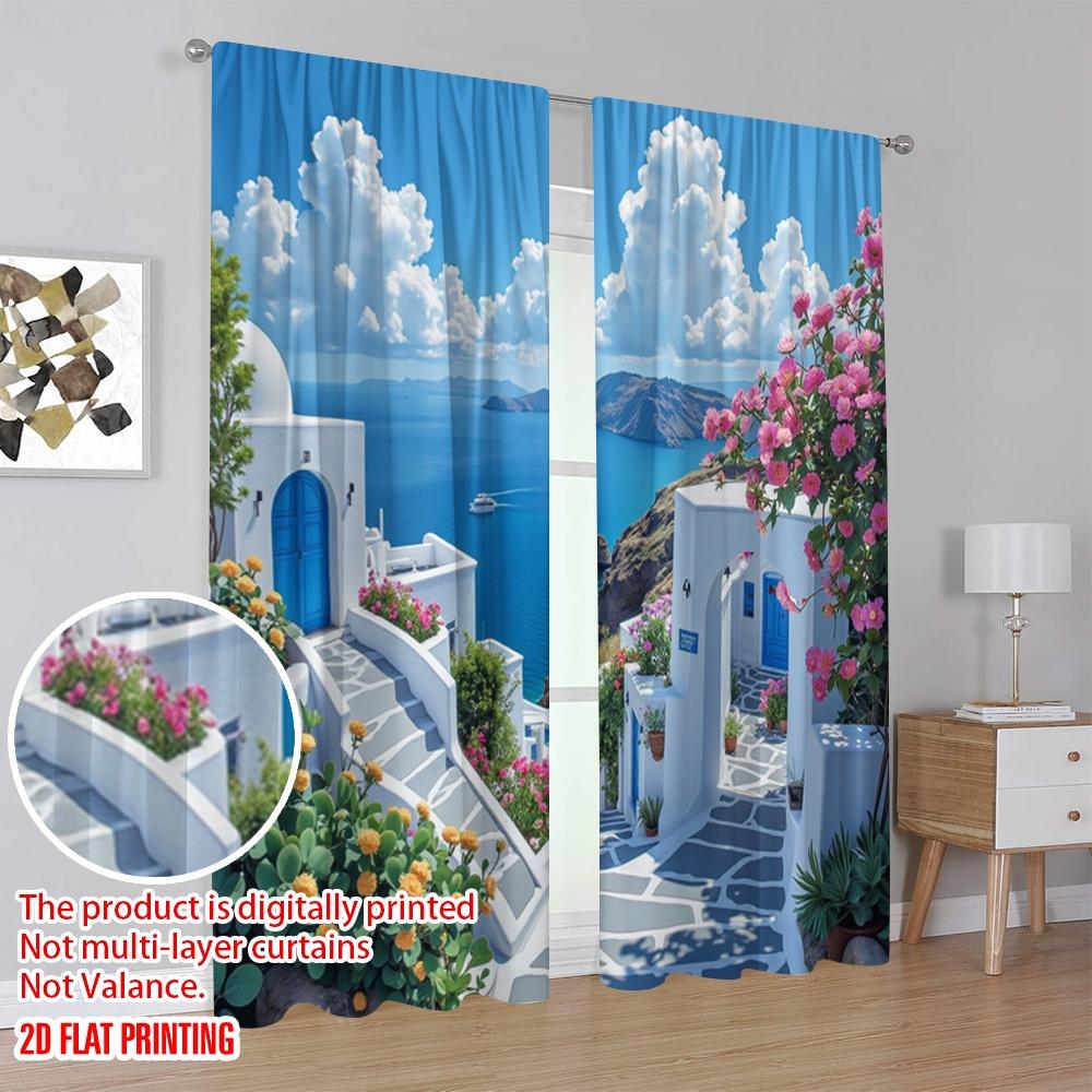 2D flat printing 2pcs Party Curtain Small town sea view Versatile Durable Polyester,Without Electricity Birthday Party Perfect