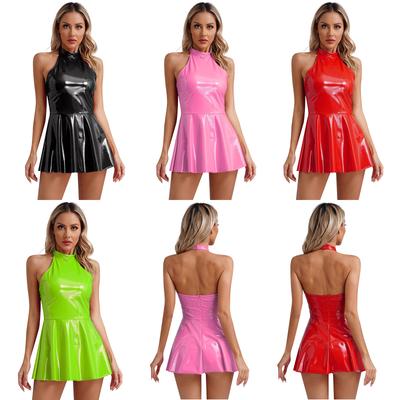 Vestido sin mangas de charol brillante para mujer, vestido de fiesta mini en forma de A, ropa de club nocturno