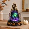 Halloween Table Decor LED Lighted Faux Crystal Ball Decoration, Resin Witch/Skeleton/Cat/Ghost Figurine with Unique Gift for Friends Green/Purple