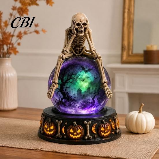 Halloween Table Decor LED Lighted Faux Crystal Ball Decoration, Resin Witch/Skeleton/Cat/Ghost Figurine with Unique Gift for Friends Green/Purple