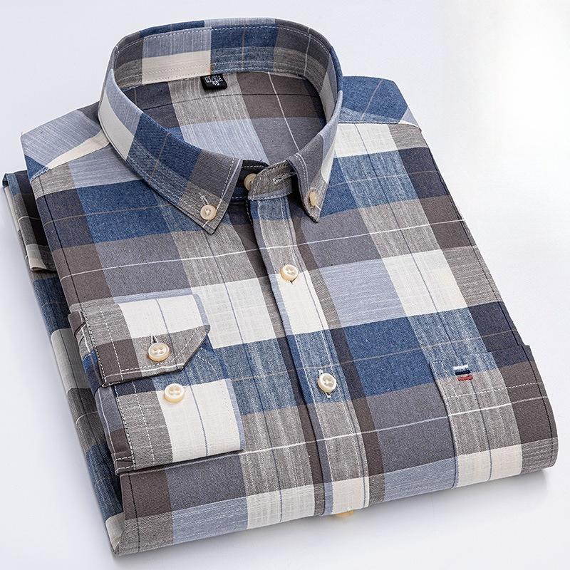 Men's Oxford Long Sleeve Square Collar Soild Plaid Striped Summer Casual Shirts Single Pocket  Shirt