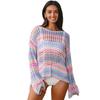 Women's Crochet Hollow Out Rainbow Stripe Long Sleeve Beach Cover-Up Top
