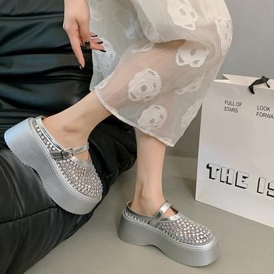 Silver Rhinestone High-grade Non-slip Bag Head Thick-soled Slippers for Women's Summer Wear 2025 New Height-increasing Soft-soled Cool Slippers