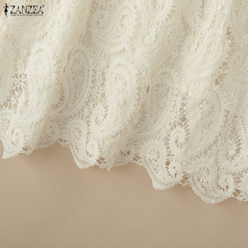 ZANZEA Vestido Casual de Mujer con Cuello Redondo y Manga Corta con Encaje Patchwork