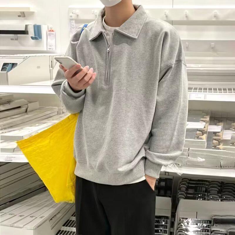 Men's Trendy American Sweatshirt: Spring/Autumn, Loose Fit, Korean College Style, Casual Lapel Pullover Top
