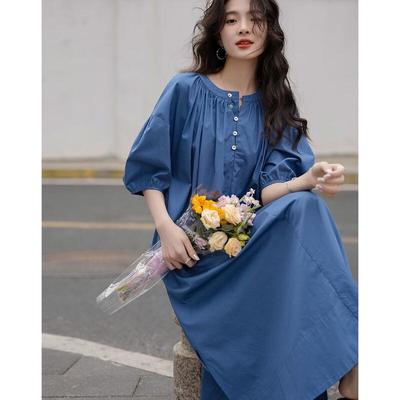 Demana Summer Relaxed Fit Pure Cotton Puff Sleeve Mid-Length Dress