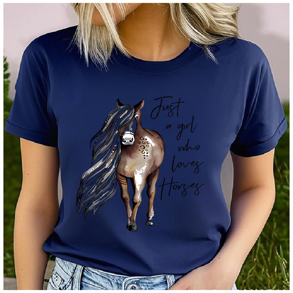 Unisex 100% Polyester Summer Top Just a Girl Who Loves Horses Print Loose Round Neck Short Sleeve Fashion for Lovers
