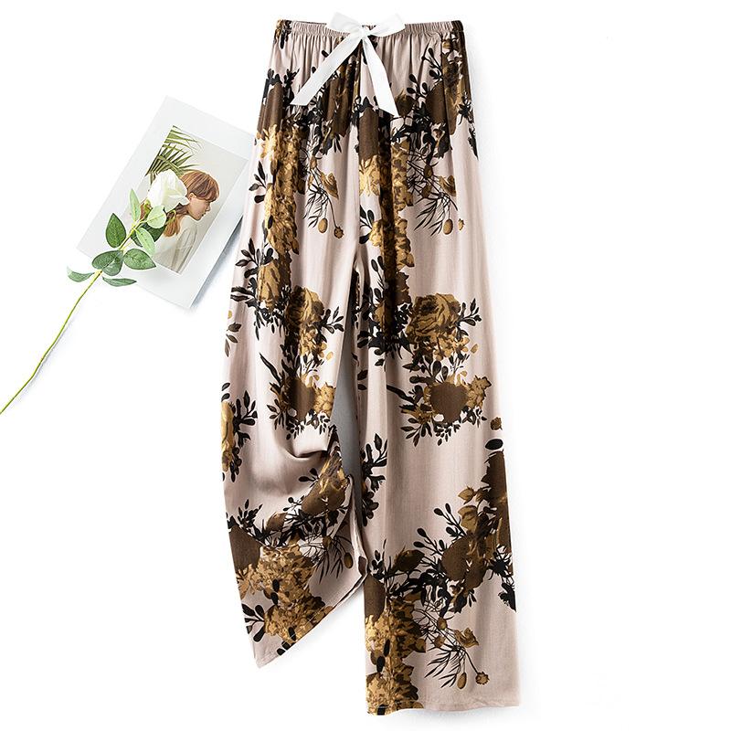 Pantaloni de pijama din bumbac mătase pentru femei, secțiune subțire de vară, anti-țânțari, pantaloni cu picior lat, culoare uni, pentru exterior, casă, petrecere a timpului liber, imprimeu, pantaloni de plajă până la genunchi