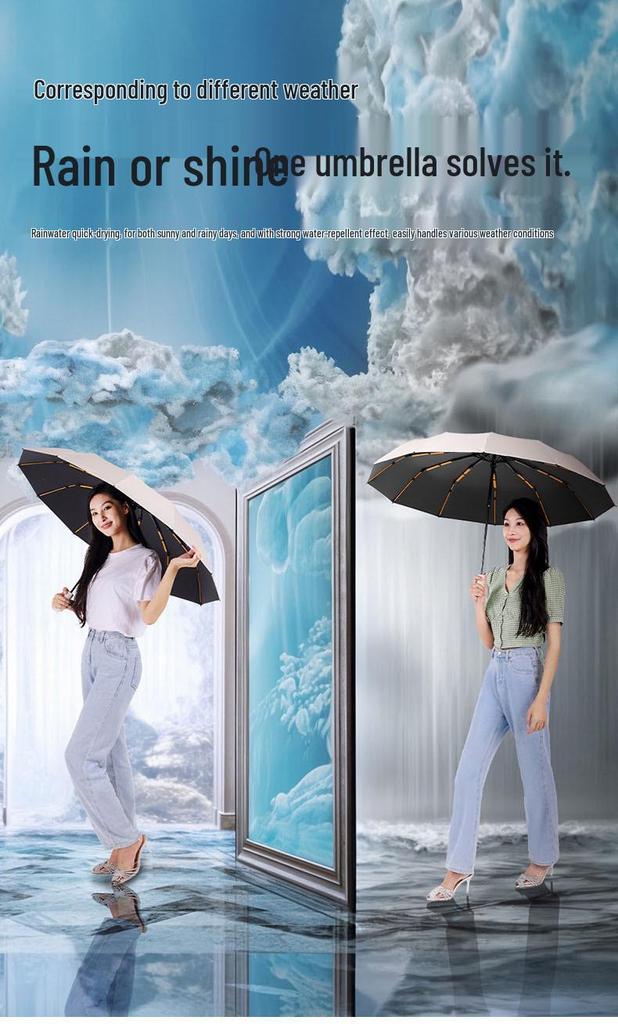 Reinforced Windproof Black Umbrella with UV Protection for All Weather Conditions