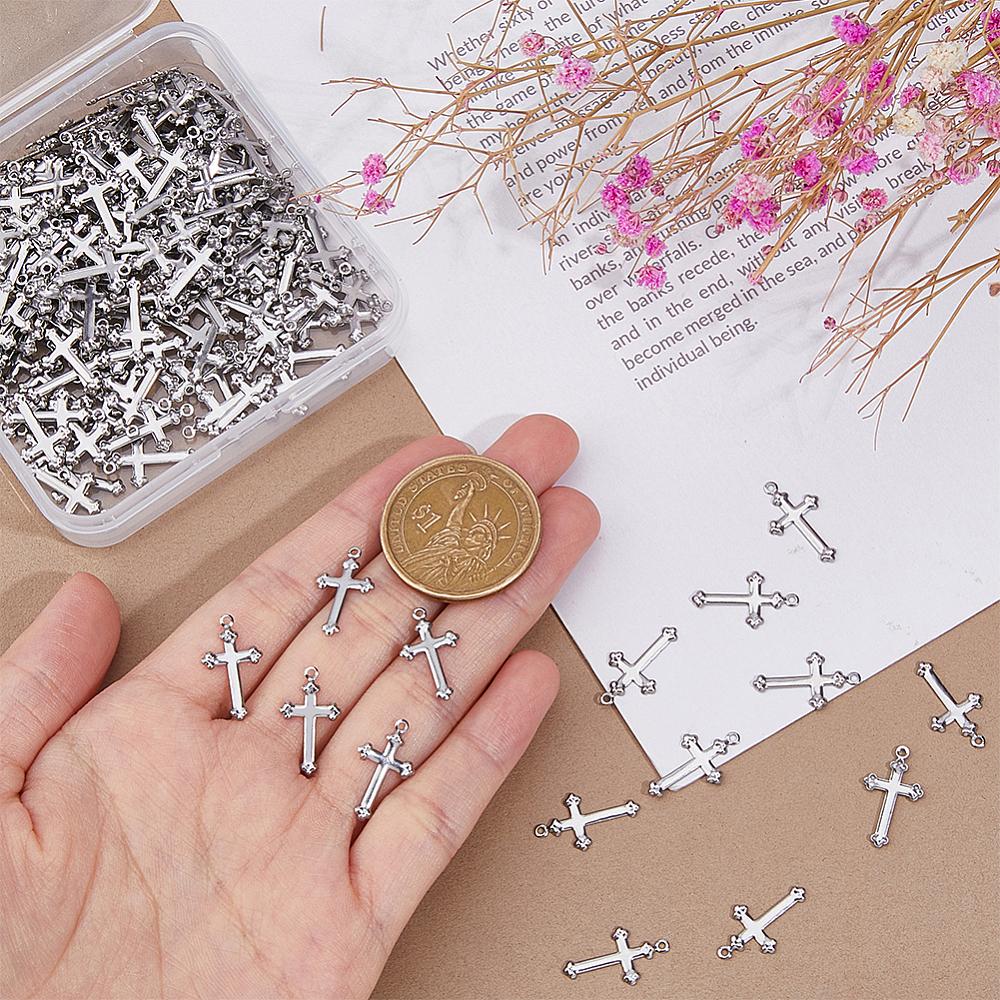 200Pcs 304 Stainless Steel Cross Pendants Stainless Steel Color 17.5x10x0.8mm Hole: 0.9mm