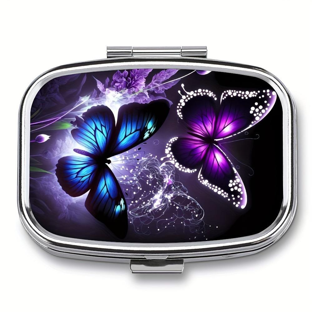 

Neon Purple Butterfly Pill Box. 2-compartment portable organizer, a unique travel gift. прозорий
