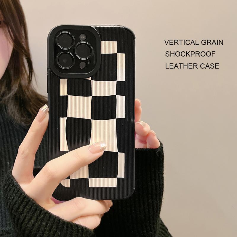 Vertical Leather Shell Chessboard Printed Patterned Shockproof Soft Silicone Case with Camera Lens Full Protection for iPhone Samsung