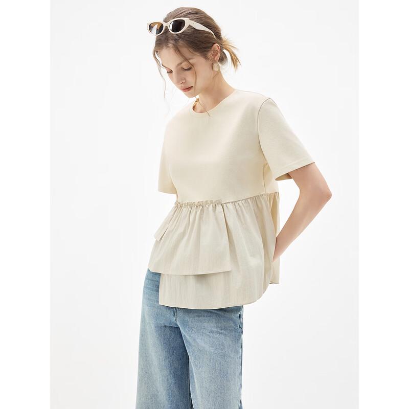 ELLE Women s French Style Patchwork Ruffle T-shirt M