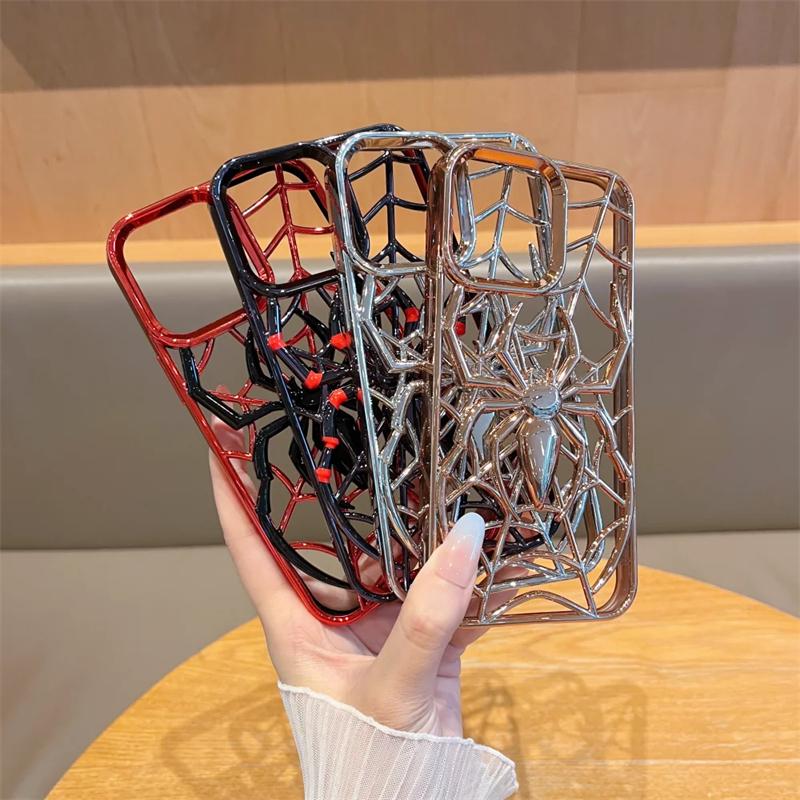 Funny 3D Hollow Spider Case for iPhone 16 15 14 13 12 11 Pro Max Soft TPU Plating Heat Radiation Cover for iPhone 14 15 16 Plus